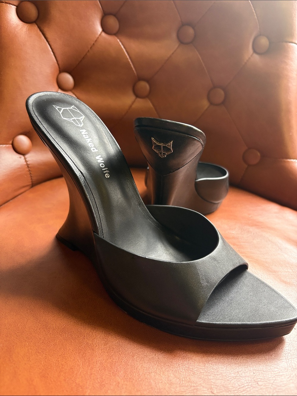 Naked Wolfe Black Curved Wedge Slide Sandals